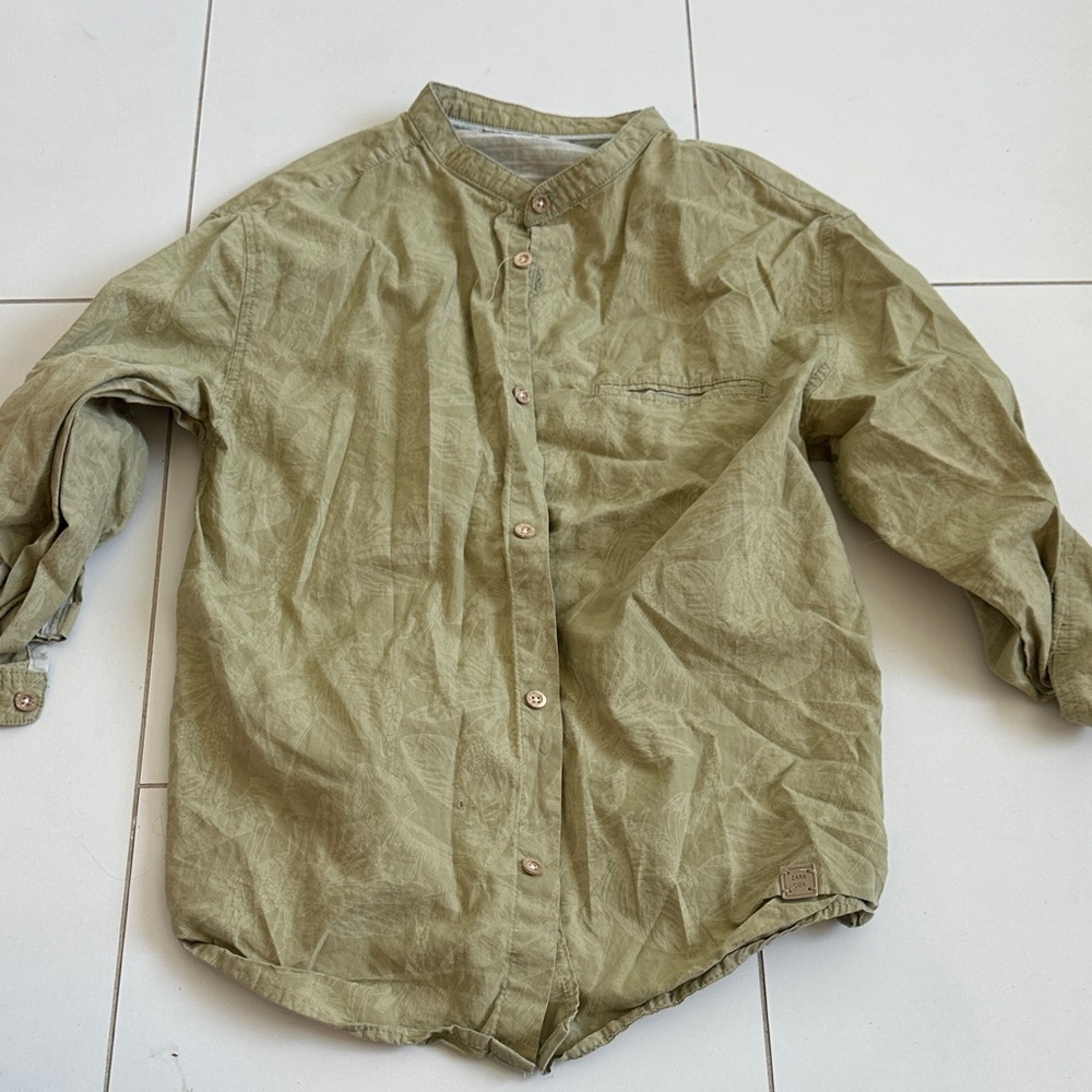 Zara boys Olive Green Button-Up Shirt palm leaf 10